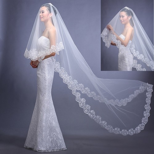 White Ivory Cathedral Length Lace Edge Bride Wedding Bridal Veil