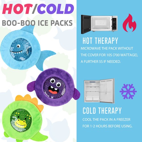 3 Pack Kids Ice Packs for Boo Boos Reusable Hot Cold Packs with Wrap Pain Relief