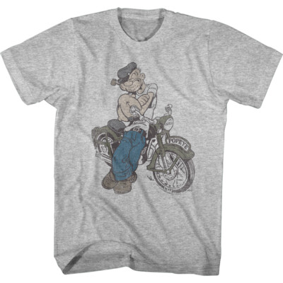 Popeye The Sailor Man Cartoon Biker Popeye Leaning On Motorcycle Men's T Shirt 