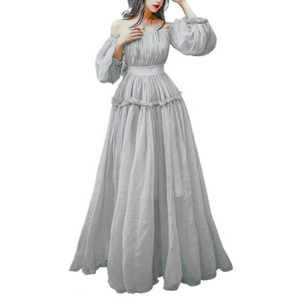 Damen Chiffon Schulterfrei Prinzessin Maxi Kleid Puffärmel Ballkleid