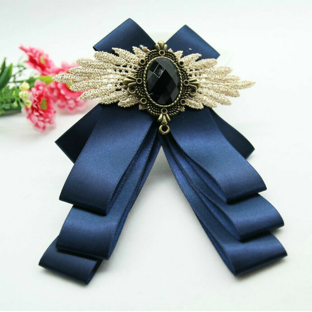 Femme Rétro Broche Satin Cristal Perle Broche Cravate Ruban Nœud Noeud Cravate