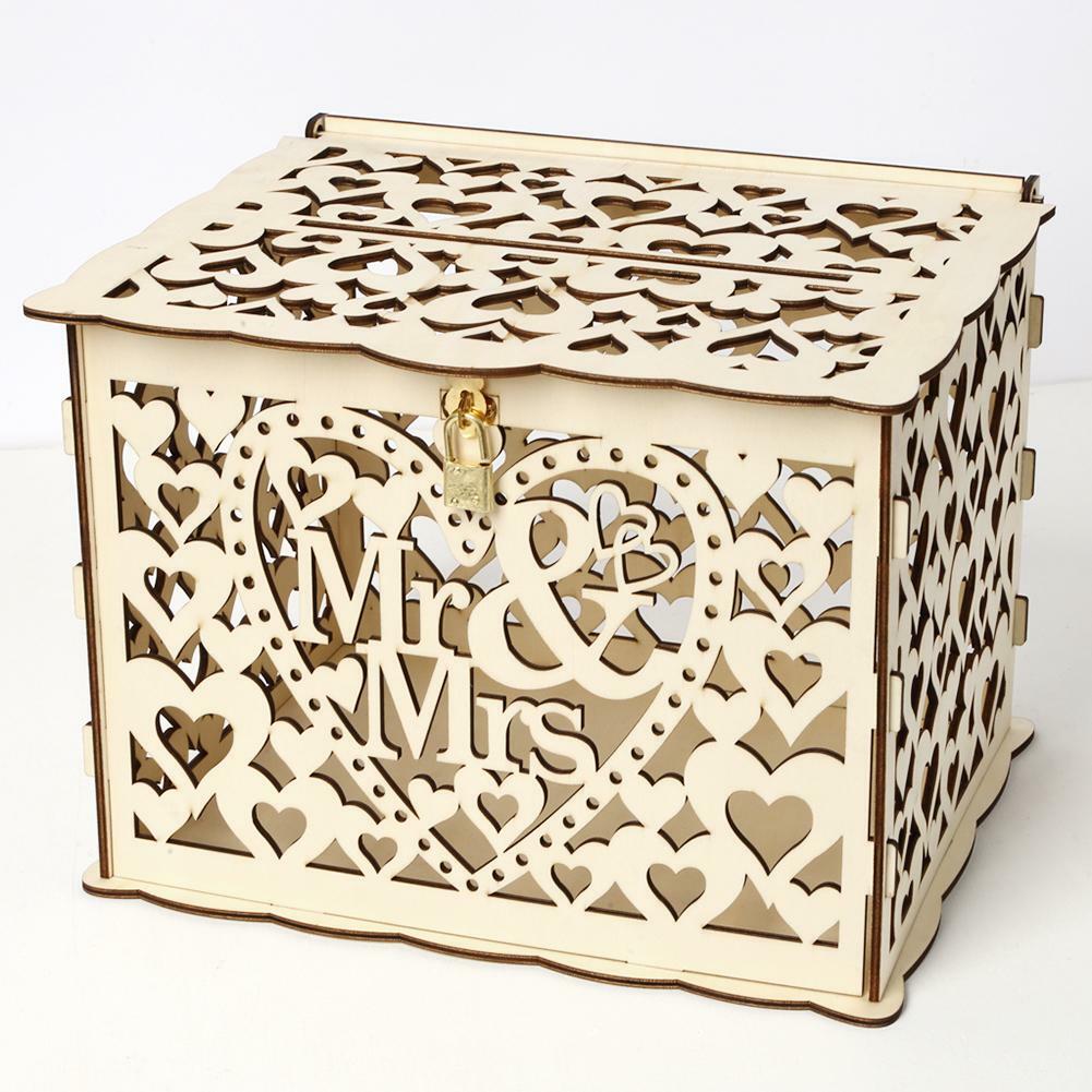 Diy Wedding Gift Card Box Wooden Hollow Money Box With Lock Kit