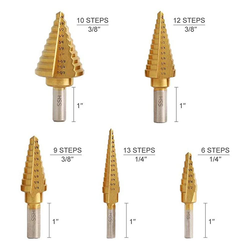 Step Drill Bit Set, 5 Pcs Titanium Coated High Speed Steel Step Drill Bits with