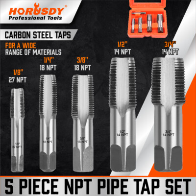 5 Pcs NPT Pipe Tap Set 1/8'' 1/4'' 3/8'' 1/2'' and 3/4'' With Case Carbon Steel Inch
