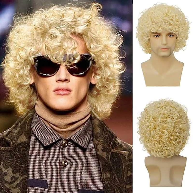 Mens Curly Light Blonde Afro Wig Short Fluffy Rocker Wigs Cosplay Costume Daily Hair Wig for Male Guys