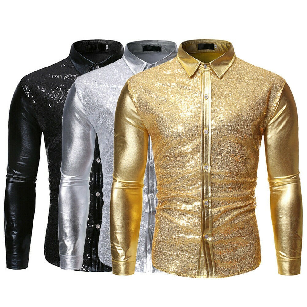 Herren Pailletten Metallisch Glänzend Langarm Hemd Top Bluse Tanz Show Slim Fit