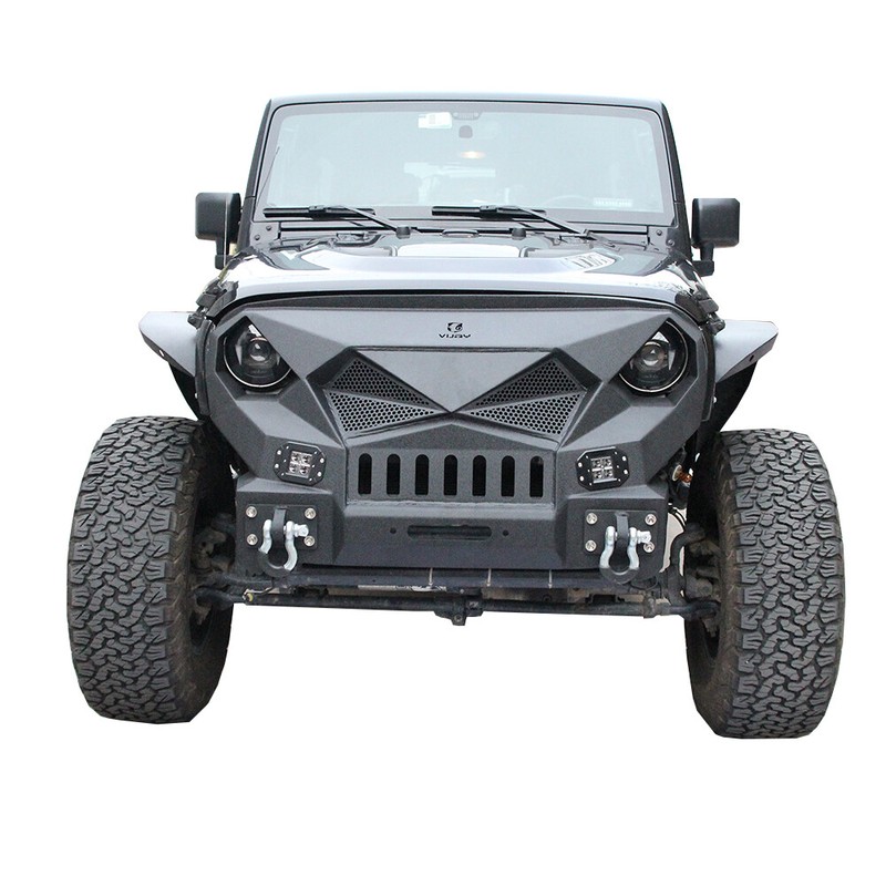 Black Front Bumper w/Steel Grille and LED Lights For 07-17 Jeep