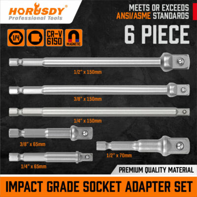 6 pc 6'' & 3'' Impact Grade Socket Adapter Set 1/4'' 3/8'' 1/2'' Drive 1/4'' Hex Shank