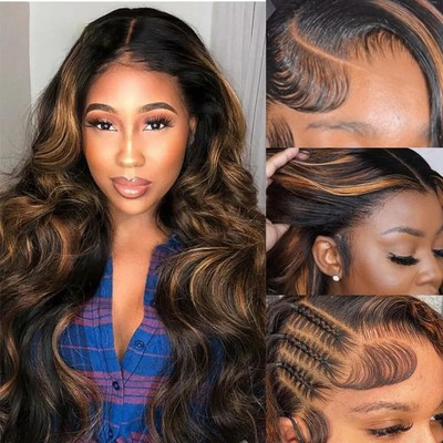 Ptgat 22 Inch Highlight Ombre Lace Front Wig Human Hair 200% Density 13x4 Hon...