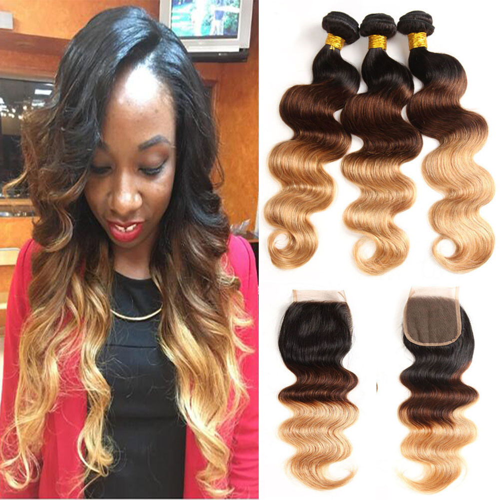Brazilian 3 Tone 1b 4 27 Brown Blonde Ombre Virgin Human Hair