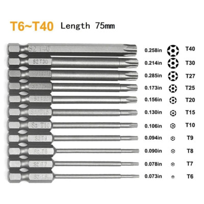 11x Torx Star Head Hex Shank Screwdriver Drill Bit Tool Set Driver Large Torque
