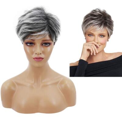 Peluca Corta Pixie Degradado Negro A Blanco Con Tapa Ajustable Para Cosplay