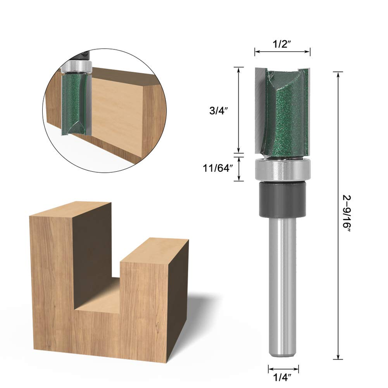 Straight Router Bit with Bearing, Wolfride 4PCS Flush Trim Template ...