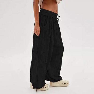 Women's Harem Pants Wide Leg Elastic Waist Vintage Cotton Linen Pockets XS-XL