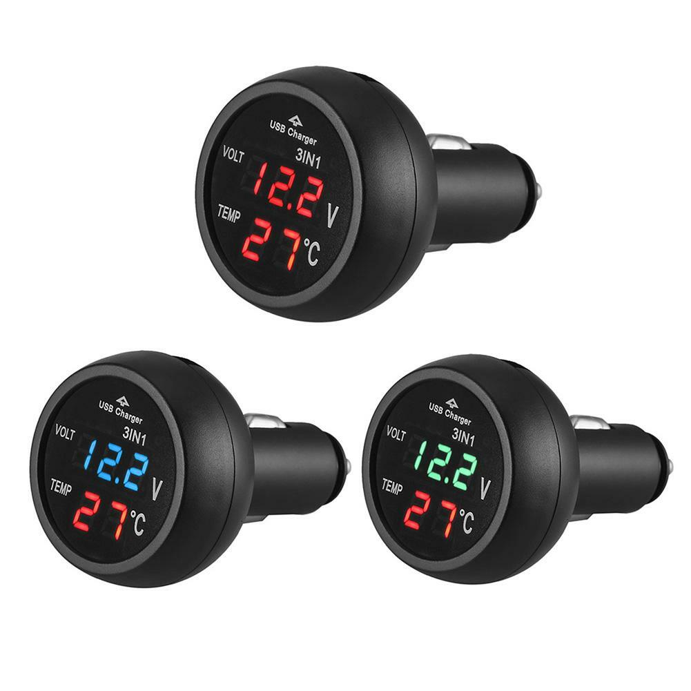 3 in 1 12/24V Car Auto LED Digital Voltmeter Gauge+Thermometer+USB Charger