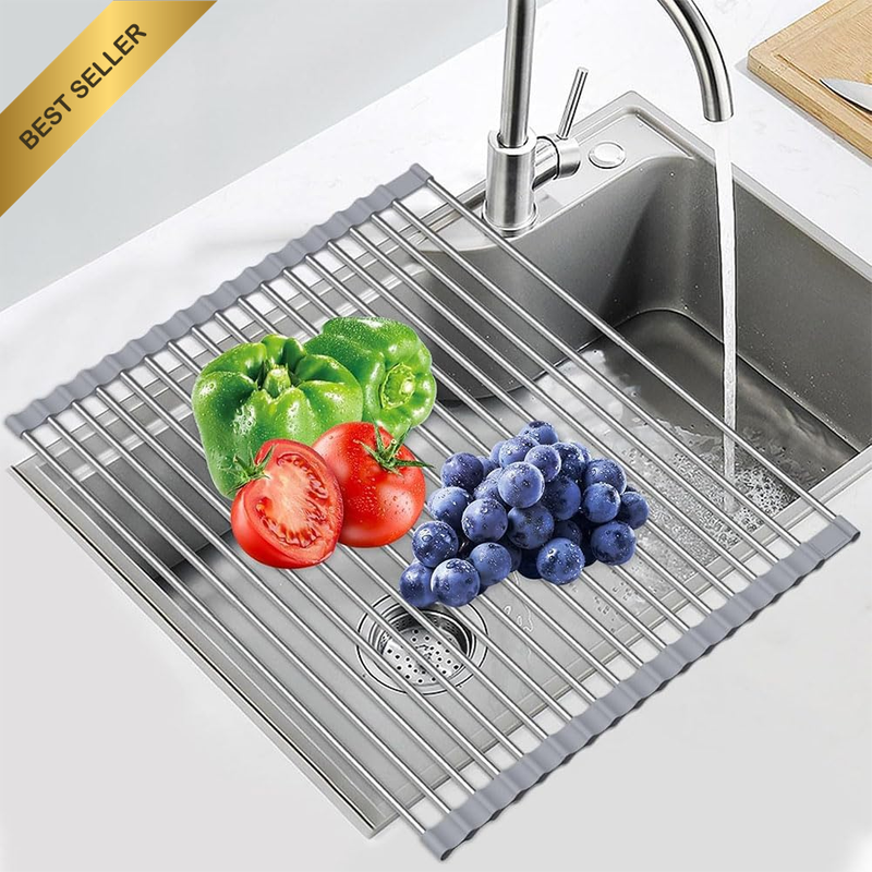 Large Grey 18.5X13.78In Expandable Roll Up Over Sink Dish Drying Rack Stainless