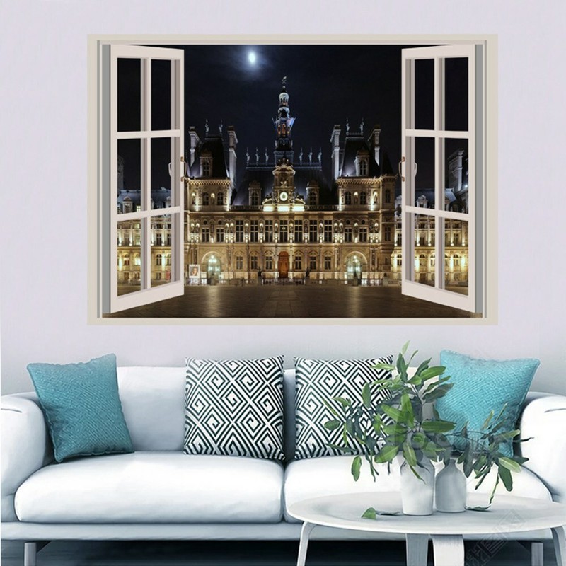 3d Window Paris Eiffel Tower Wall Sticker Arts Vinyl Decal Diy