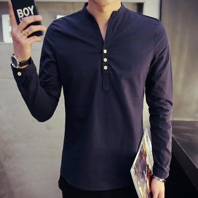 Fashion Mens Shirt Male Stand-Up Collar Pullover Flax Casual Long Sleeve Shirts