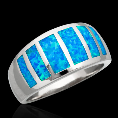 Birthstone Ocean Blue Fire Opal Silver Jewelry Simple Wide Band Ring Size 7 8 9