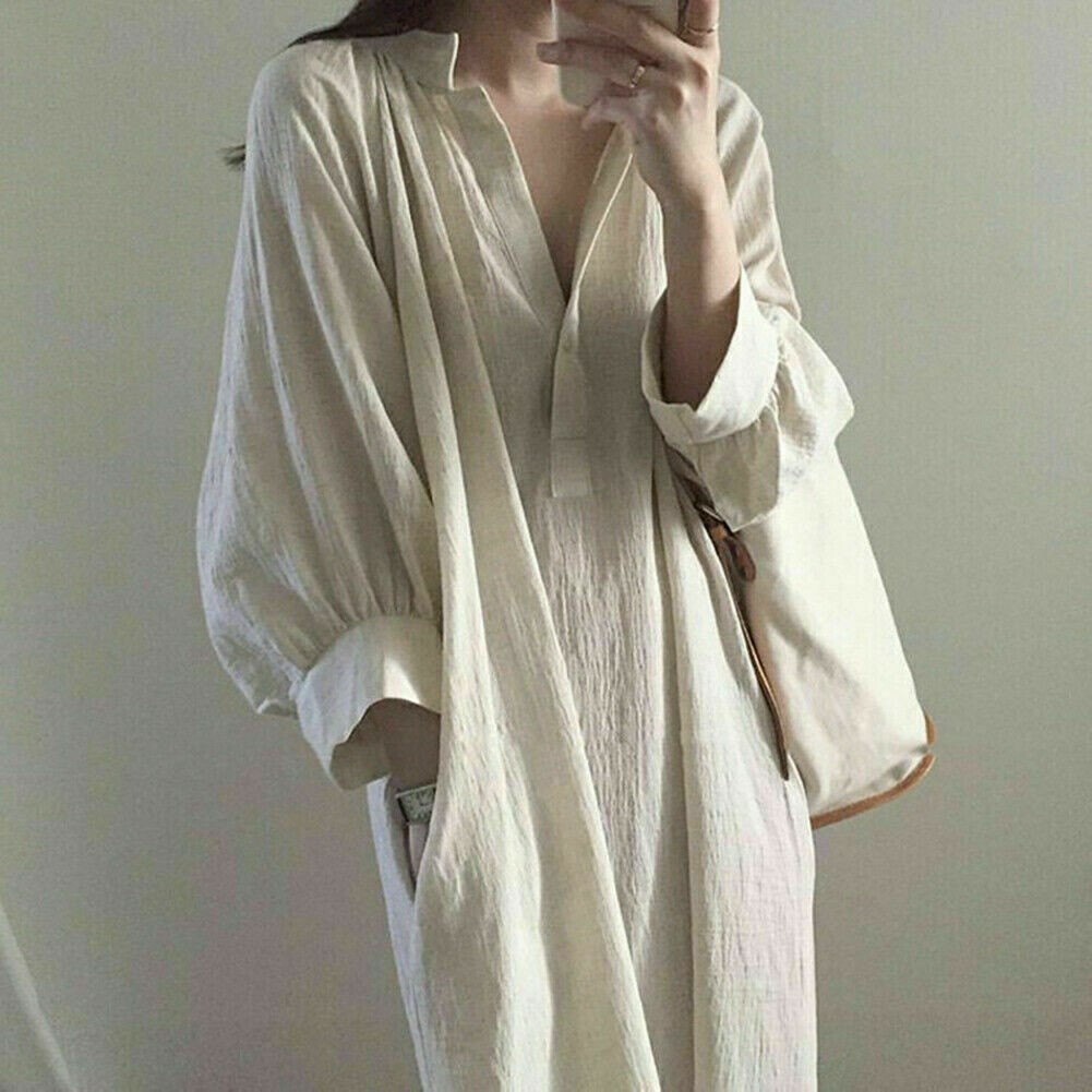 Womens Linen Button Neck Loose Dress Puff 3/4 Sleeve Pullover Tunic Pocket