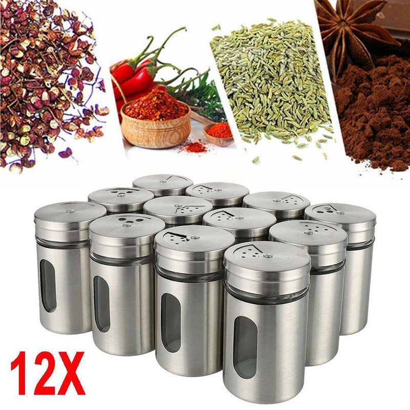 12 Gewürzstreuer Edelstahl Pfeffer Salz Gläser Gewürz Streuer Box Dosen Glas Set