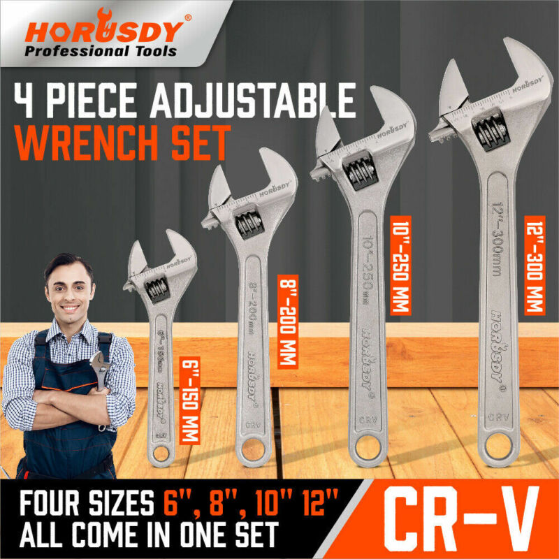 4Pcs Adjustable Wrench Set CR-V Steel crescent wrench 6" 8" 10" 12" Laser Scales