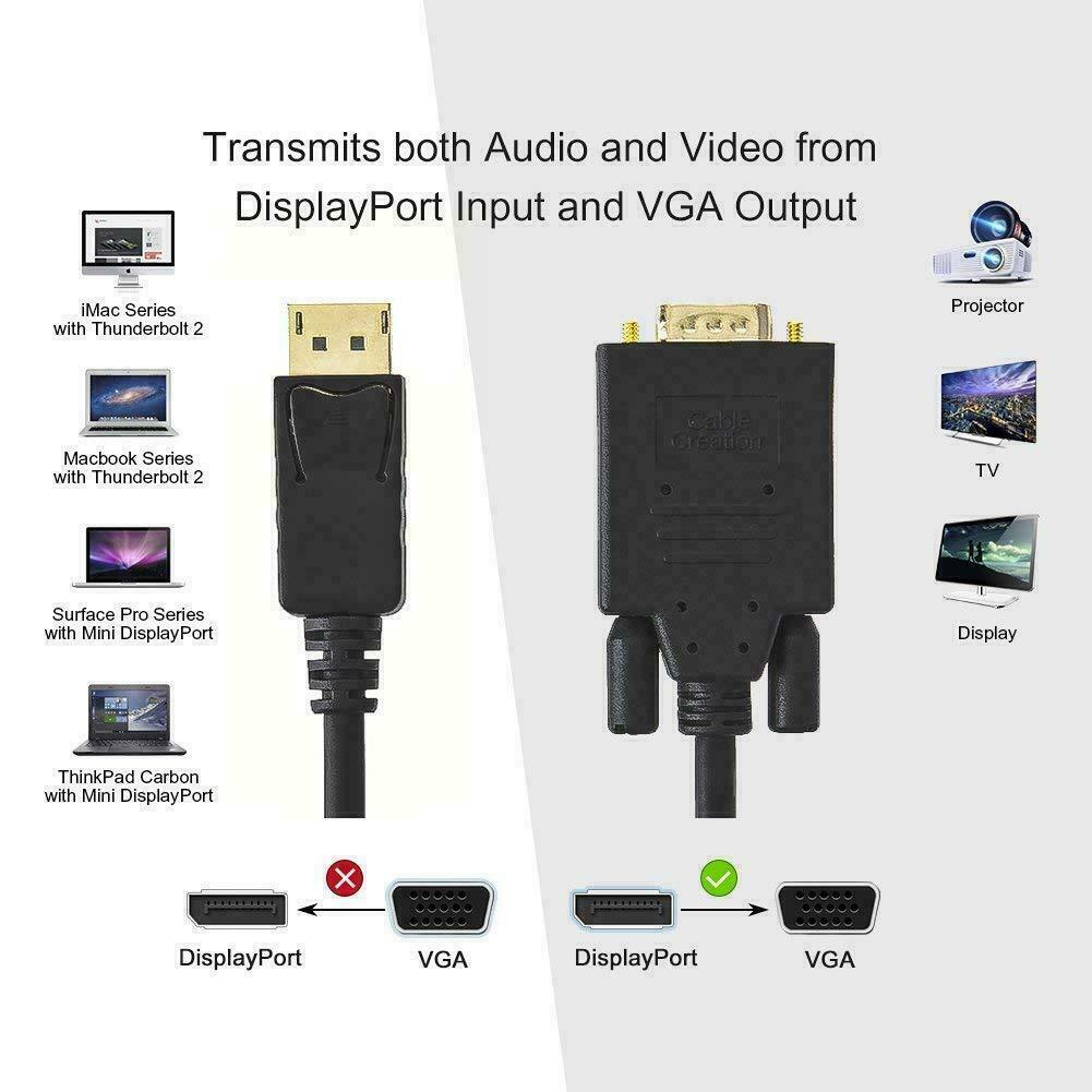 Display Port to VGA Cable Adapter Converter Video HDTV PC Monitor Desktop Laptop