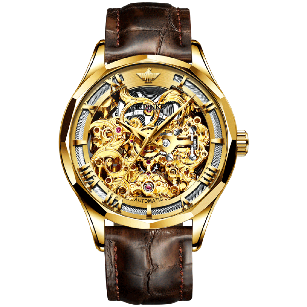 Pre-owned Oupinke Original  Men Watch Skeleton Automatic Mechanical Luxury Waterproof In Gold