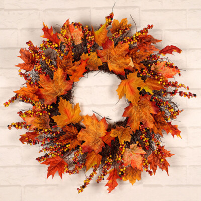 Halloween Fall Autumn Decor Front Door Window Wreath Pumpkin Maple Leaf Garland