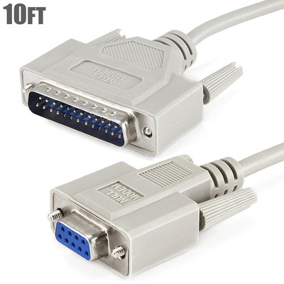 10FT Serial RS232 9-Pin DB9 Female to 25-Pin DB25 Male Molded Null Modem Cable