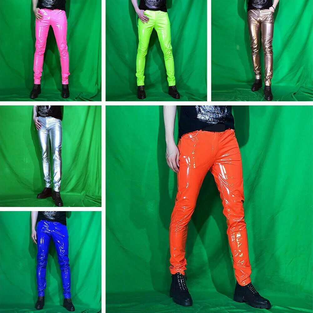 Herren Glänzend Metallisch Kunstleder Hose Skinny Stretch Hose Clubwear