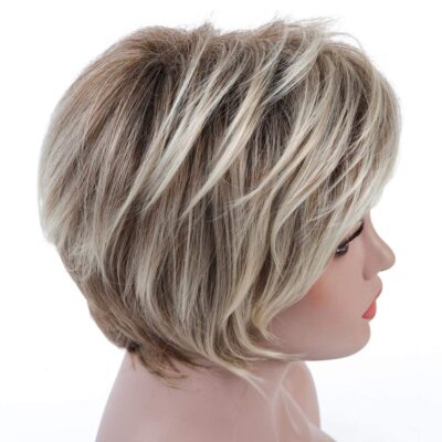 Rosa Star Short Wig Ombre Brown Mixed Blonde Hair Wigs Natural Curly with Bangs 