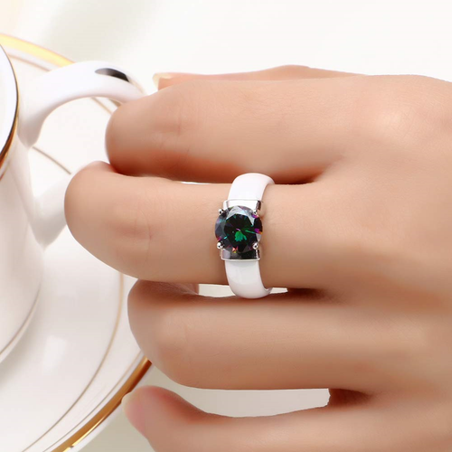 TUHE Big Round Cubic Zirconia Eternity Ring Bling Rainbow Wedding Band Ceramic