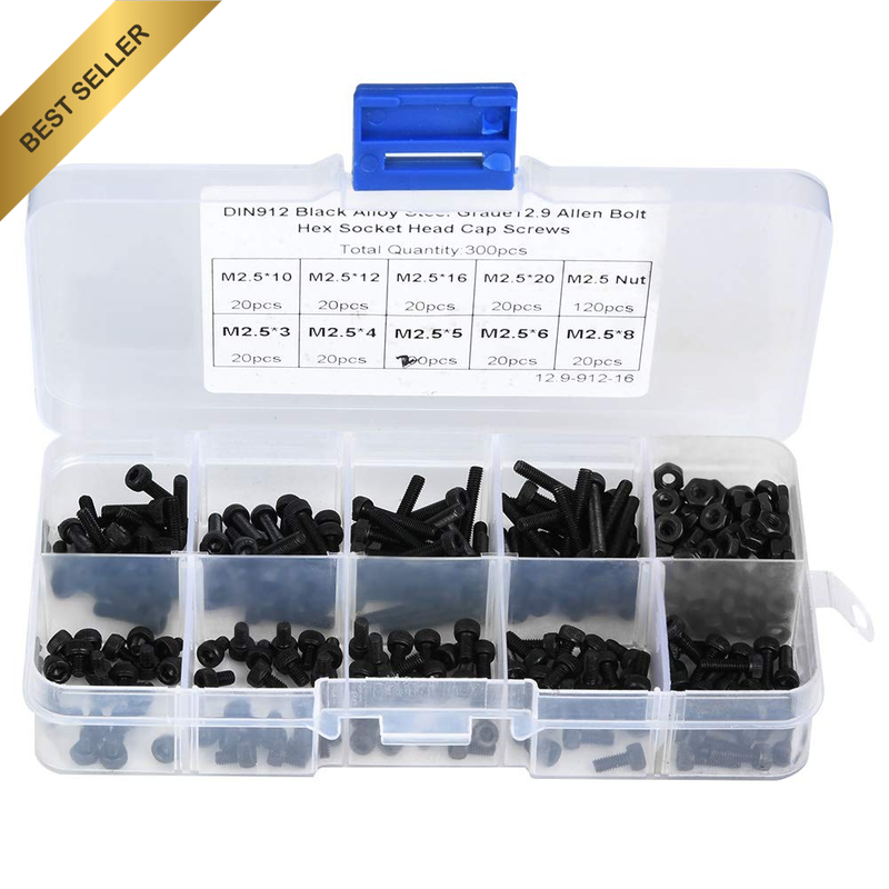 300Pcs M2.5 X 3-20Mm 12.9 Grade Black Alloy Steel Hex Socket Head Cap Screw Bolt