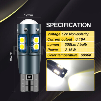 Ruiandsion T10 LED Car Dome Ligh tBulb W5W Backup Trunk Light CANBUS 12V 9Colour