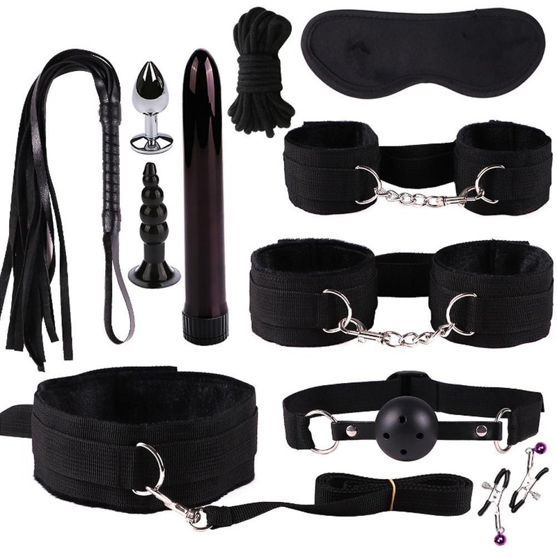 11 Pcs Under Bed Bondage Set Collar Rope Whip set Restraint System Toy Black