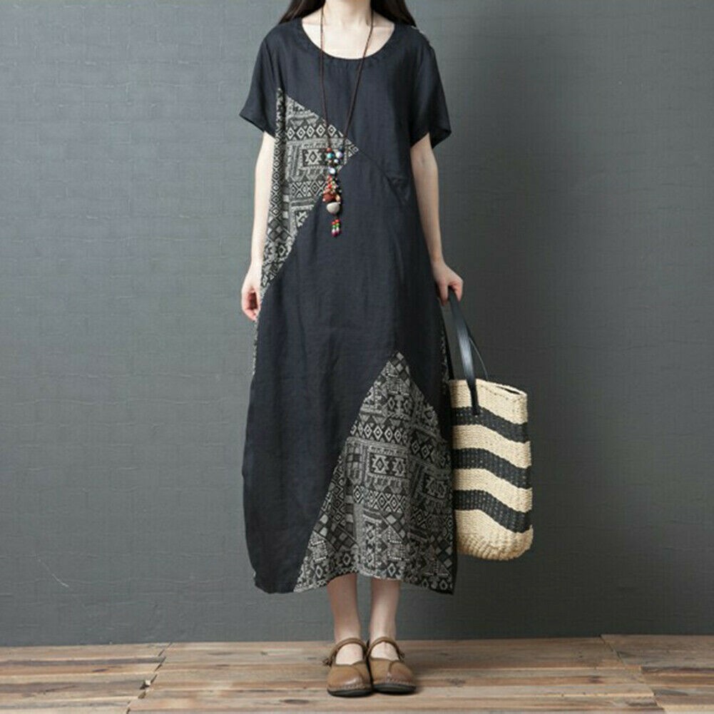 Damen Leinen Kurzärmelig Geometrisch Baggy Kleid Ethnisch Tasche Rundhals Tunika