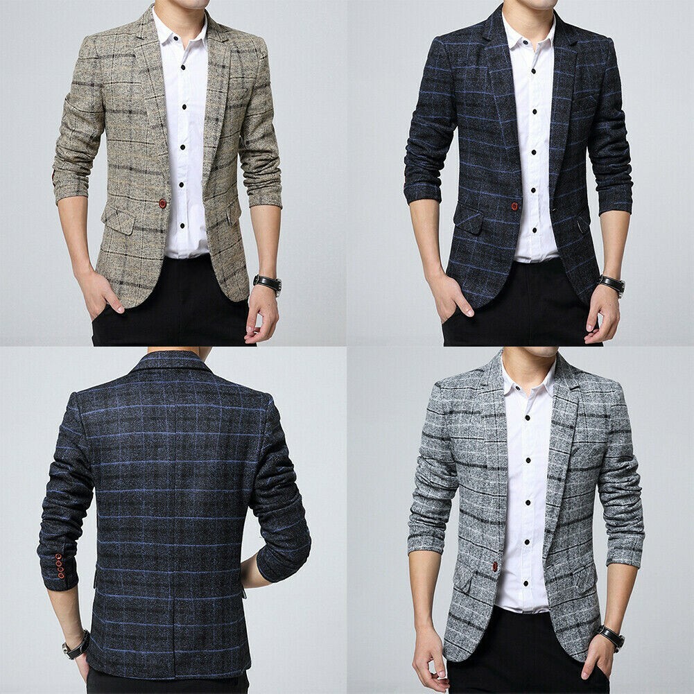 Mens Check Plaid Wool Feel Suit Jacket Notch Lapel Blazer Top Coat Smart