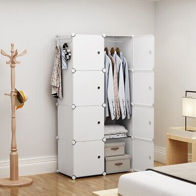 Portable Closet Organizer for Kids Plastic Wardrobe, White, 2x4 Tiers 14'' Depth