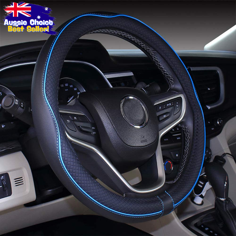 2019 Microfiber Leather Steering Wheel Cover 14.5-15" for Car Black Blue