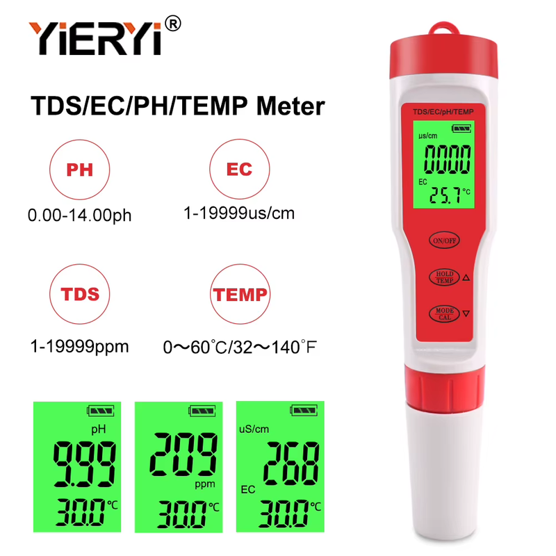 4 IN 1 PH TDS EC Temp Meter Digital Water Quality Tester 0.01 High Precision Aqu