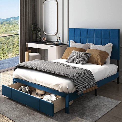 TAUS Queen Size Bed Frame Upholstered Platfrom with Velvet Tufted Headboard