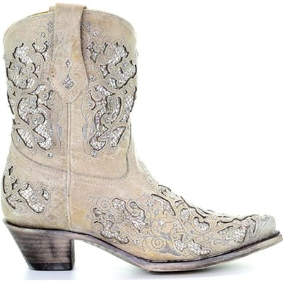 Pre-owned Corral Boots Corral Women's Snip Toe Wedding Embroidered Glitter Inlay And Crystals Handcr... In White