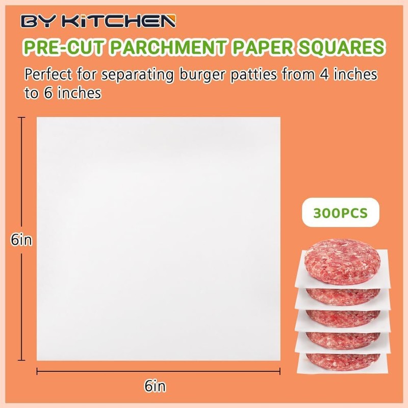 Parchment Paper Squares for Burger Press, Set of 300, 6 X 6 Inch Hamburger Patty