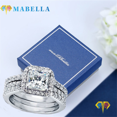Women's Wedding Engagement Ring Set Princess Cut 3.28CT CZ 925 Sterling Silver