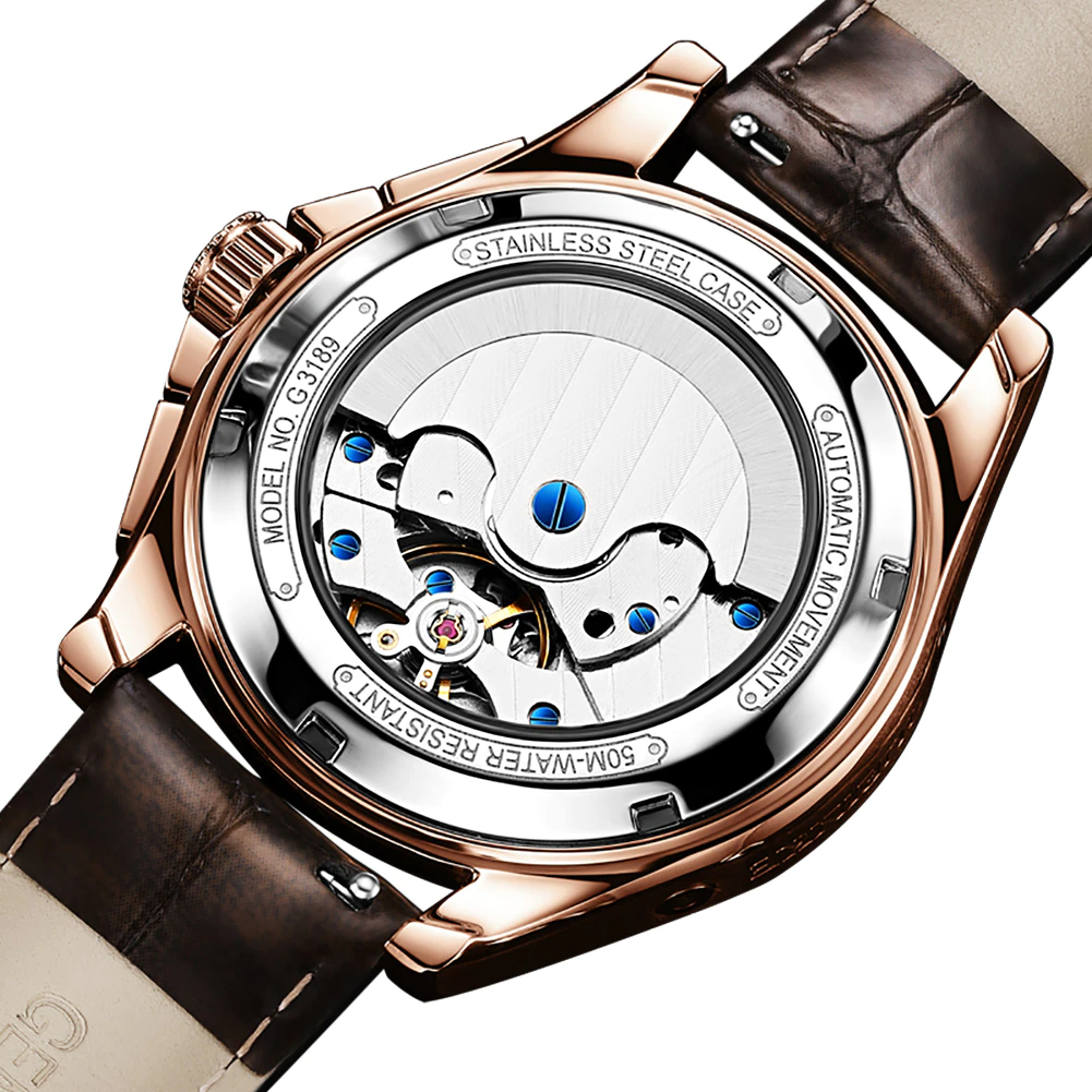 Pre-owned Oupinke Orig Mechanical  Automatic Luxury Watch Sapphire Men Waterproof Leather In Gold-br Leather Strap