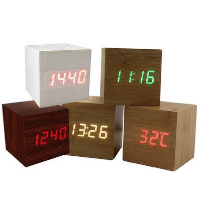 Cube Wooden Digital Backlight LED Voice Table Alarm Clock Snooze Thermometer