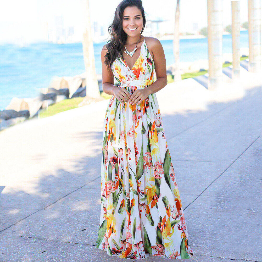 Buy OnlineWomen Ladies Boho Floral Maxi Dress Cocktail Party Evening Summer Beach Sundress