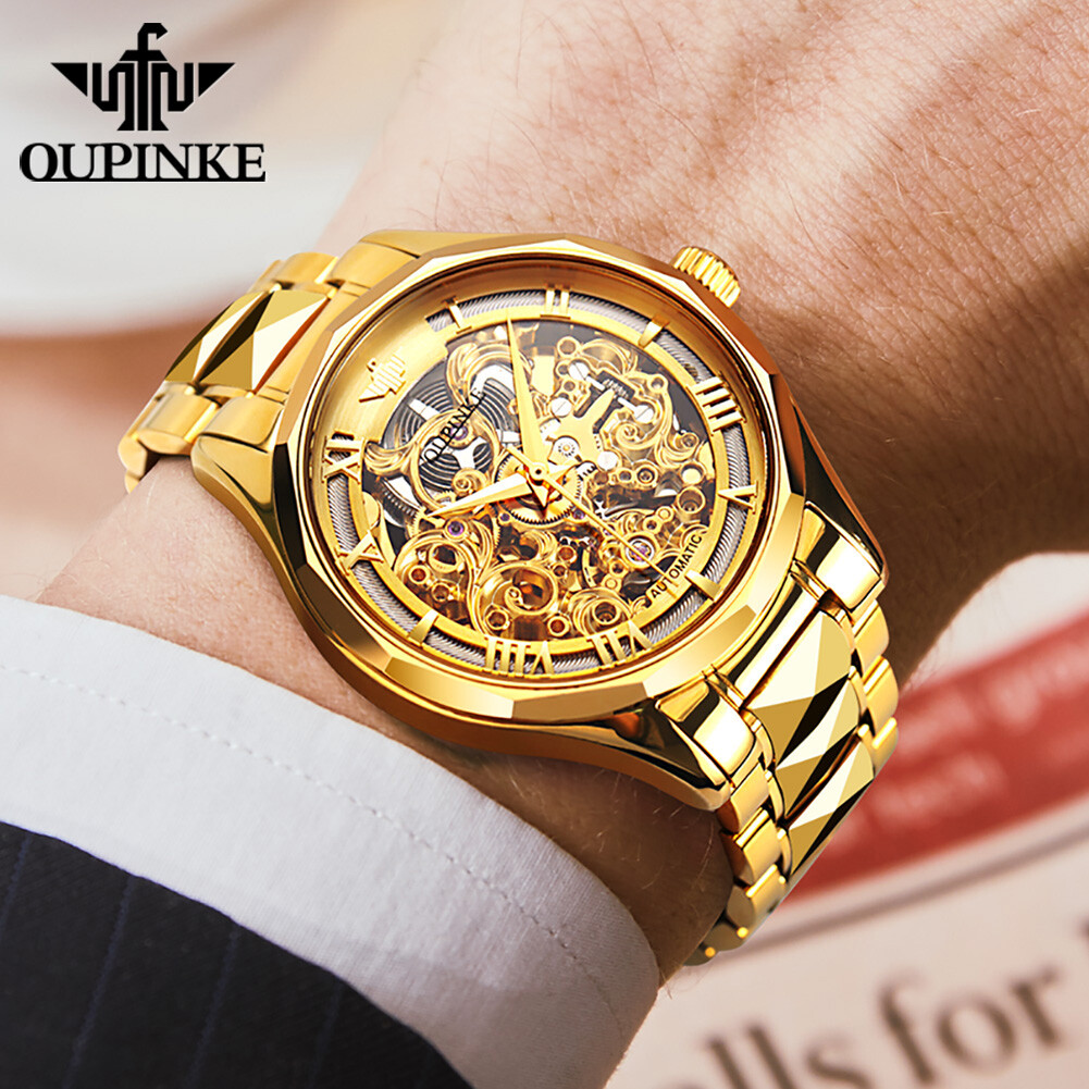 Pre-owned Oupinke Original  Men Watch Skeleton Automatic Mechanical Luxury Waterproof In Gold