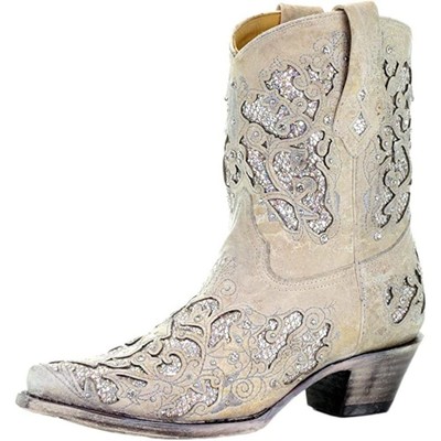 Pre-owned Corral Boots Corral Women's Snip Toe Wedding Embroidered Glitter Inlay And Crystals Handcr... In White